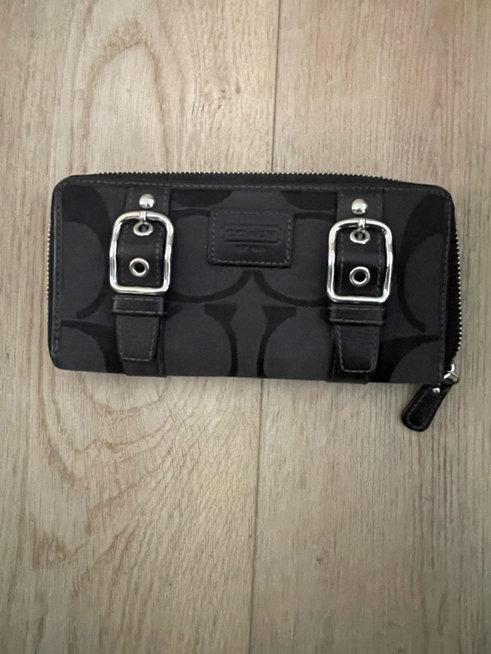 Coach Black Signature Zip Wallet with Silver Buckles